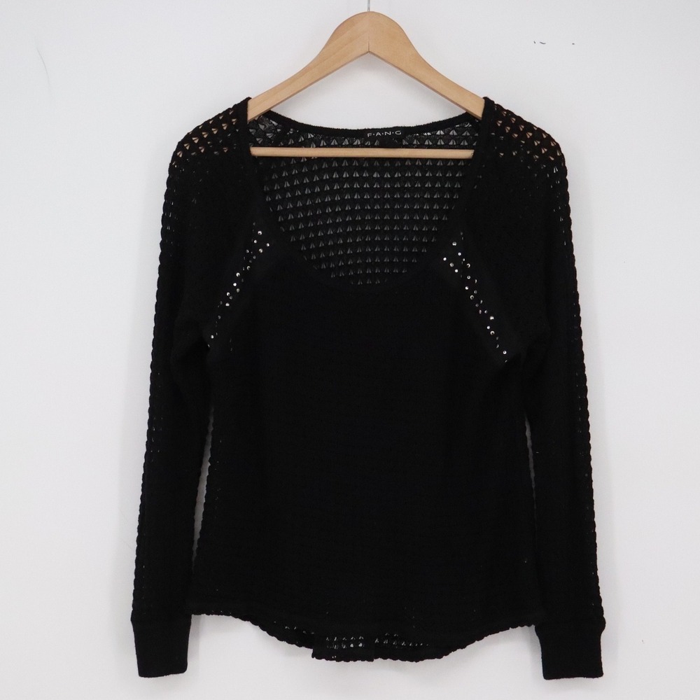 FANG Sweater Womens S Black Studded Open Knit V-Neck Long Sleeve Exc